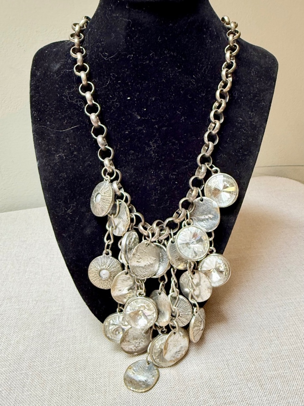 Chicos Silver Tone and Rhinestone Bibbed Chain Necklace
